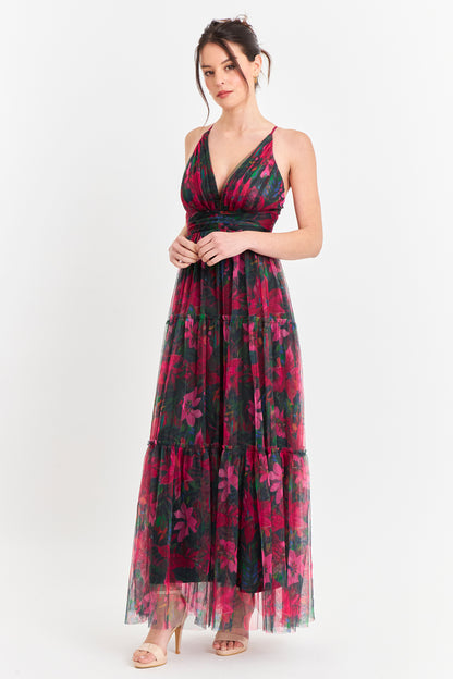 Vestido Tul Floreado Fucsia