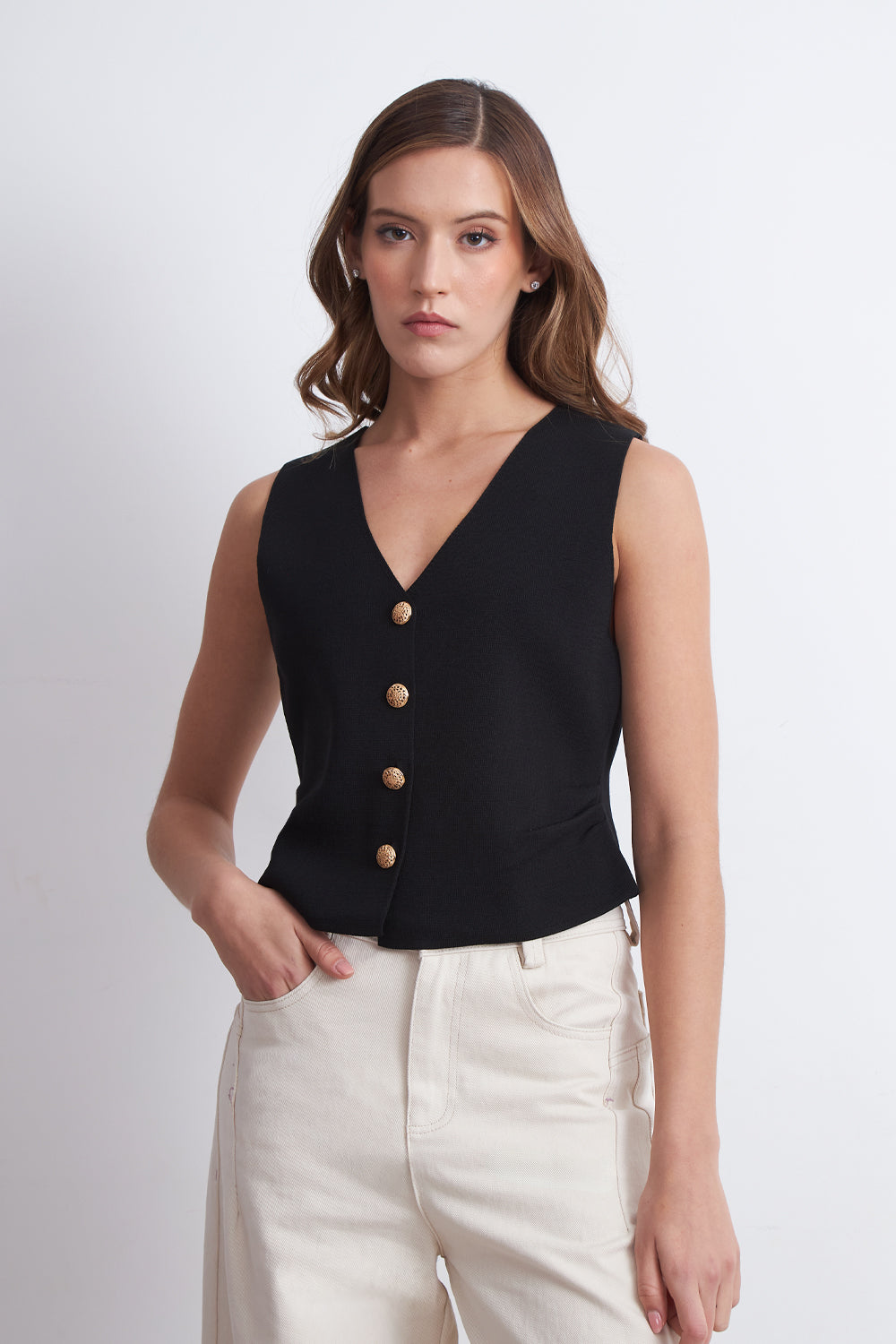 Gilet con Drapeado Lateral Negro