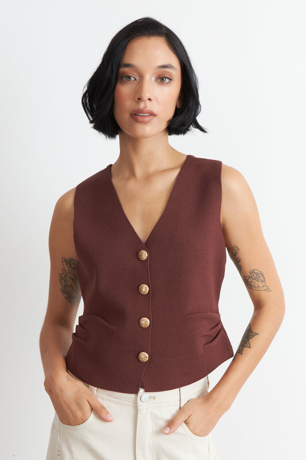 Gilet con Drapeado Lateral Café