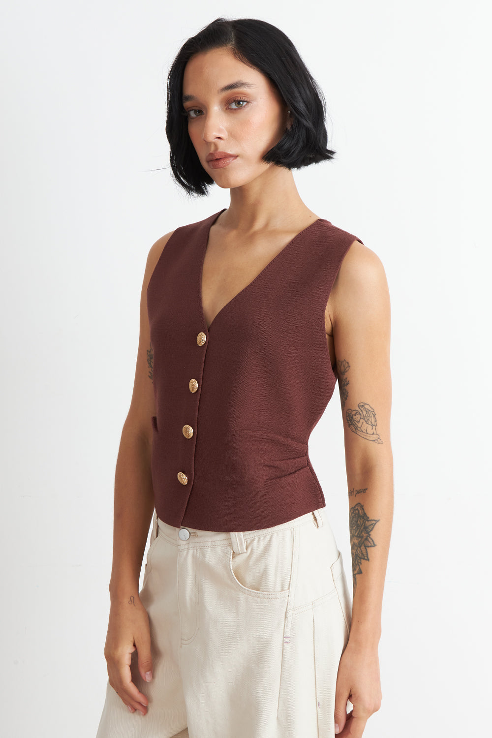 Gilet con Drapeado Lateral Café