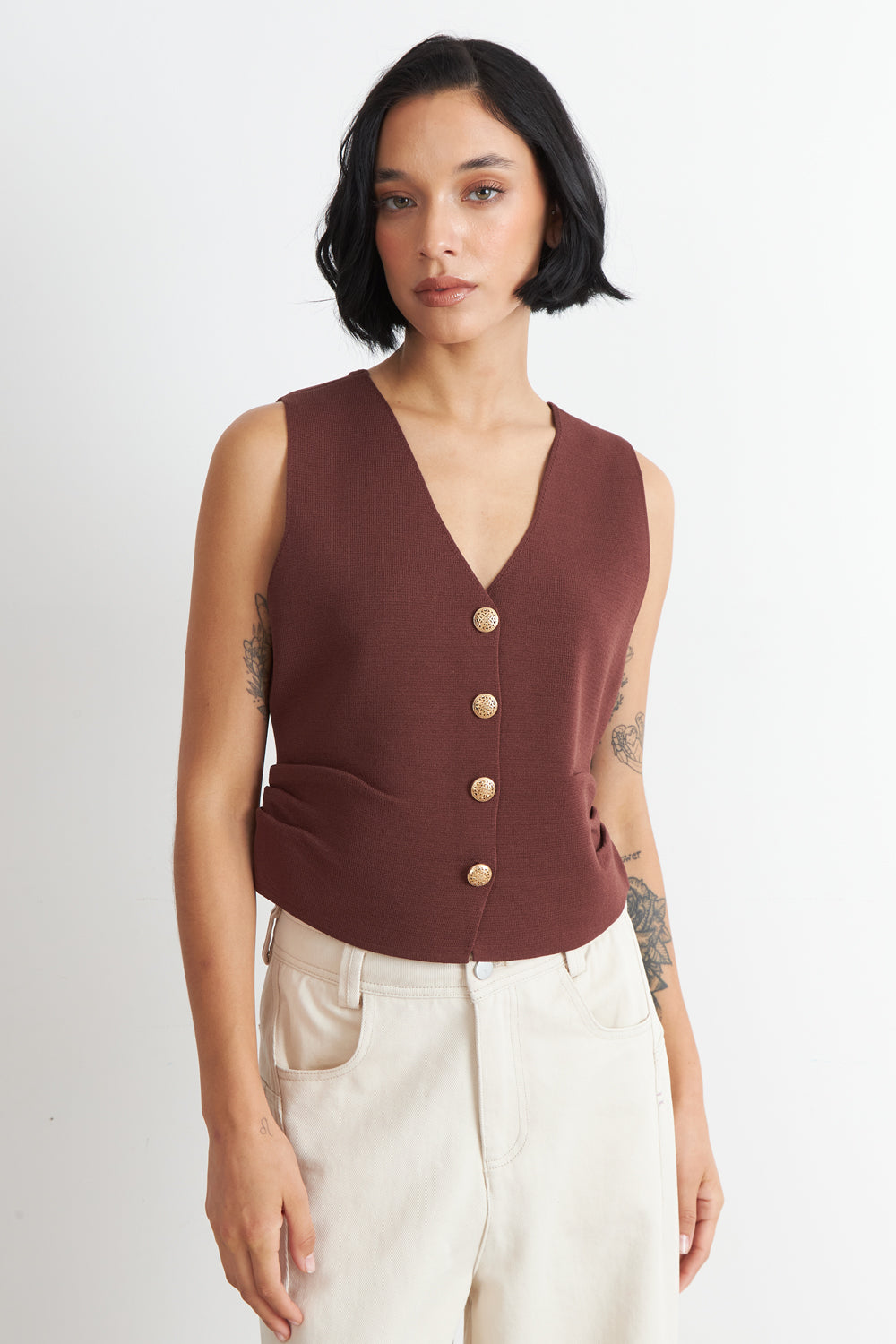 Gilet con Drapeado Lateral Café