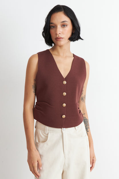 Gilet con Drapeado Lateral Café