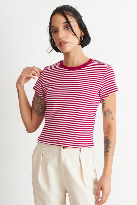 Polera Básica Cuello Redondo Líneas Rojo