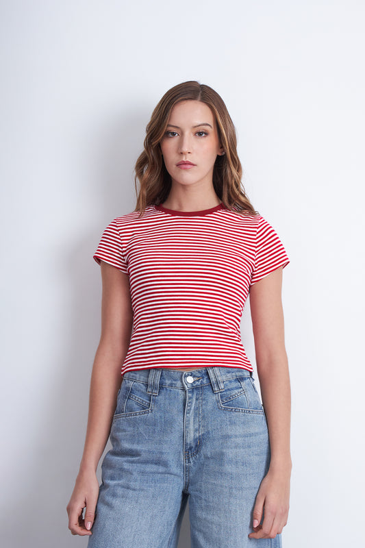 Polera Básica Cuello Redondo Líneas Rojo