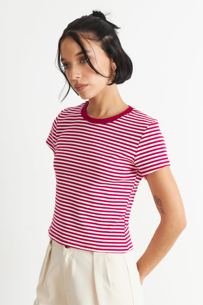 Polera Básica Cuello Redondo Líneas Rojo
