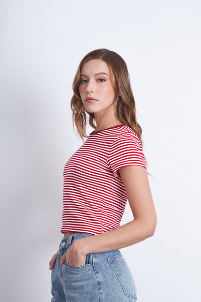 Polera Básica Cuello Redondo Líneas Rojo