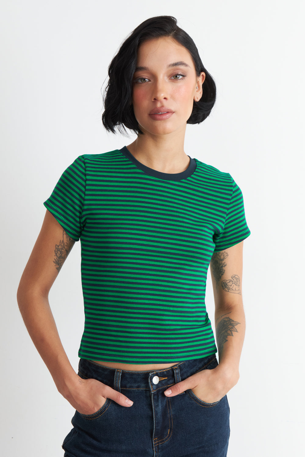 Polera Básica Cuello Redondo Líneas Verde