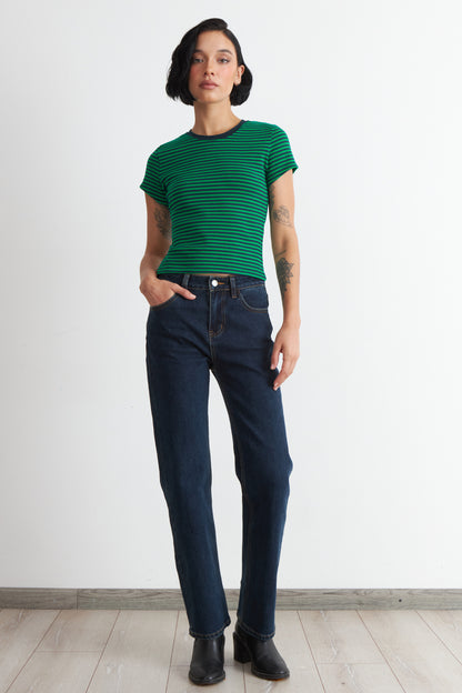 Polera Básica Cuello Redondo Líneas Verde