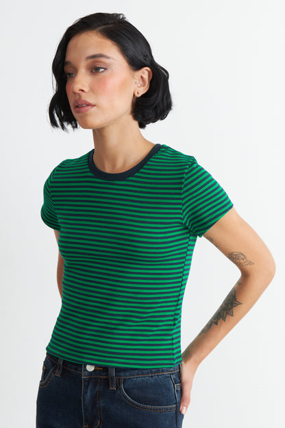 Polera Básica Cuello Redondo Líneas Verde