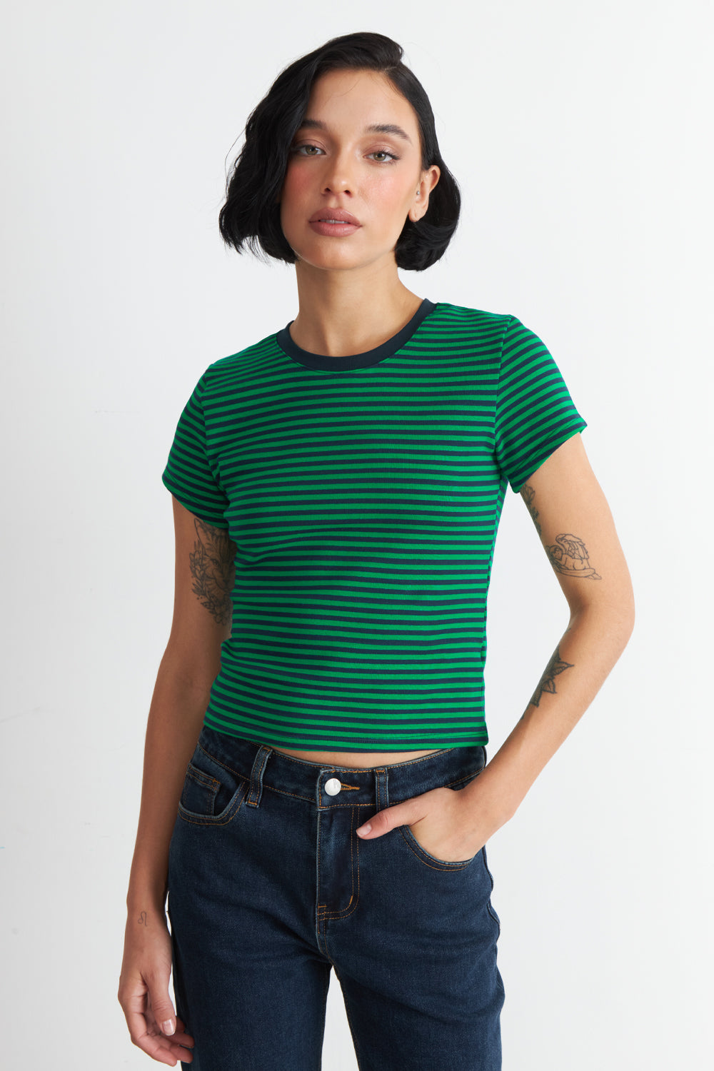 Polera Básica Cuello Redondo Líneas Verde