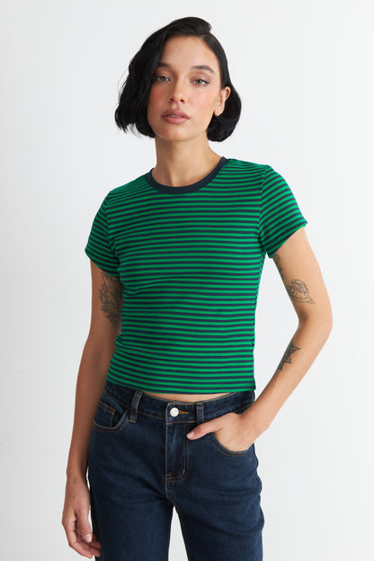 Polera Básica Cuello Redondo Líneas Verde