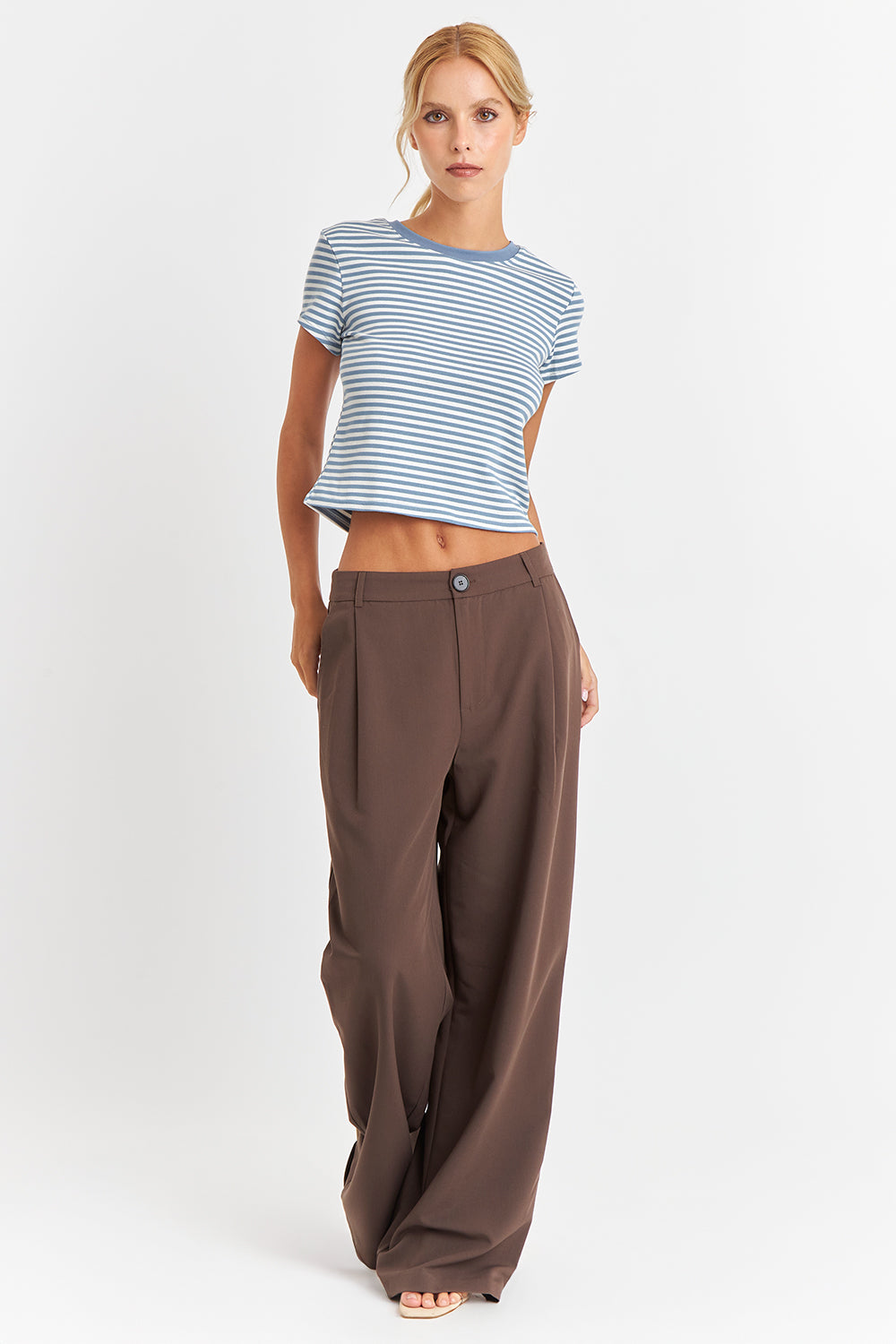 Polera Básica Cuello Redondo Líneas Celeste