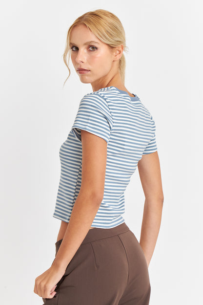 Polera Básica Cuello Redondo Líneas Celeste