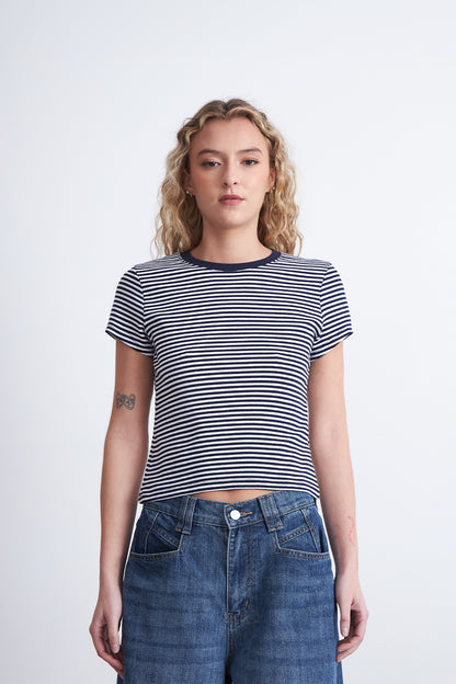 Polera Básica Cuello Redondo Líneas Azul Marino