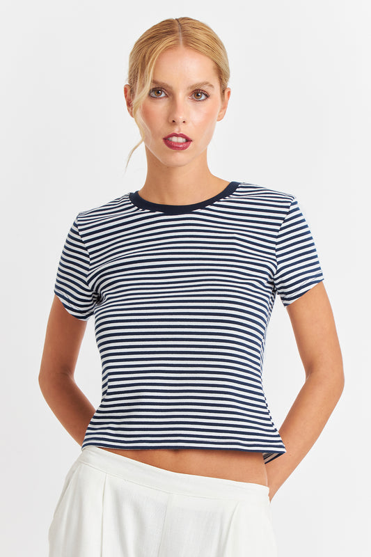 Polera Básica Cuello Redondo Líneas Azul Marino