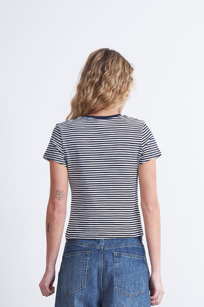 Polera Básica Cuello Redondo Líneas Azul Marino