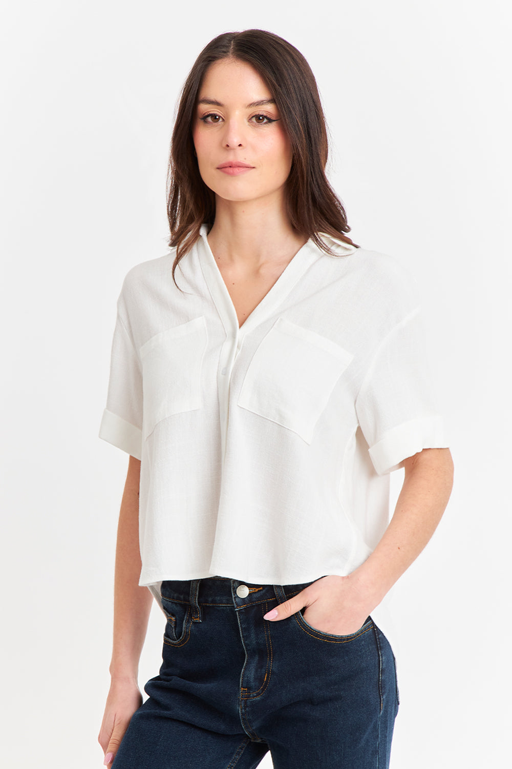 Camisa Básica Tipo Lino Blanco