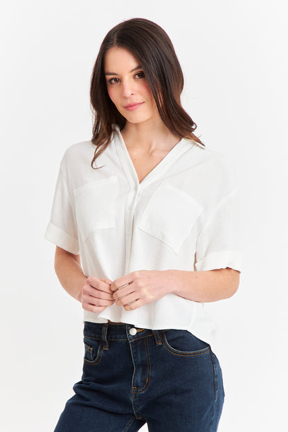 Camisa Básica Tipo Lino Blanco