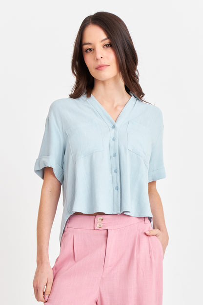 Camisa Básica Tipo Lino Celeste