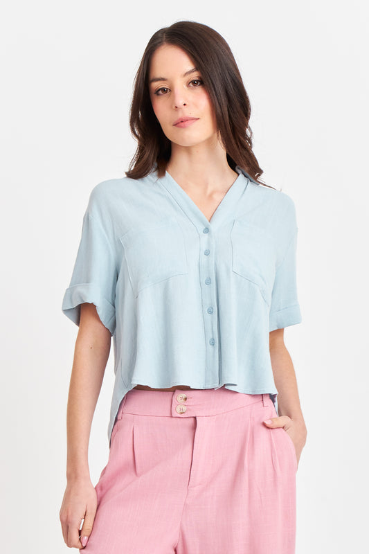 Camisa Básica Tipo Lino Celeste