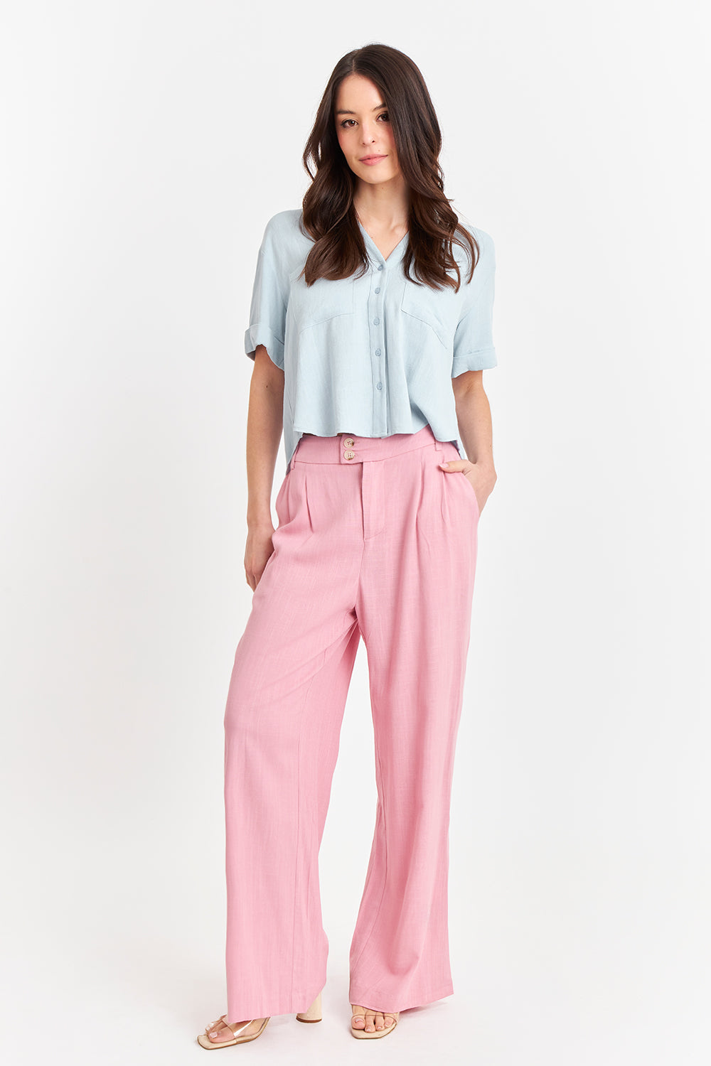 Camisa Básica Tipo Lino Celeste