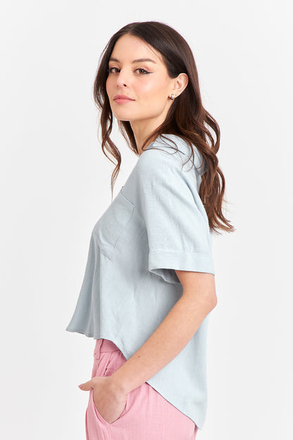 Camisa Básica Tipo Lino Celeste