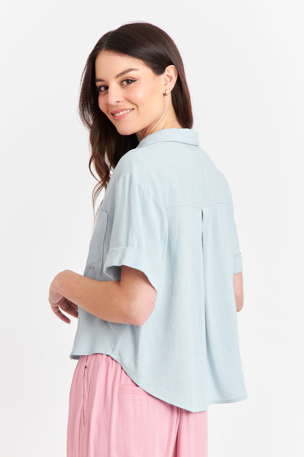 Camisa Básica Tipo Lino Celeste