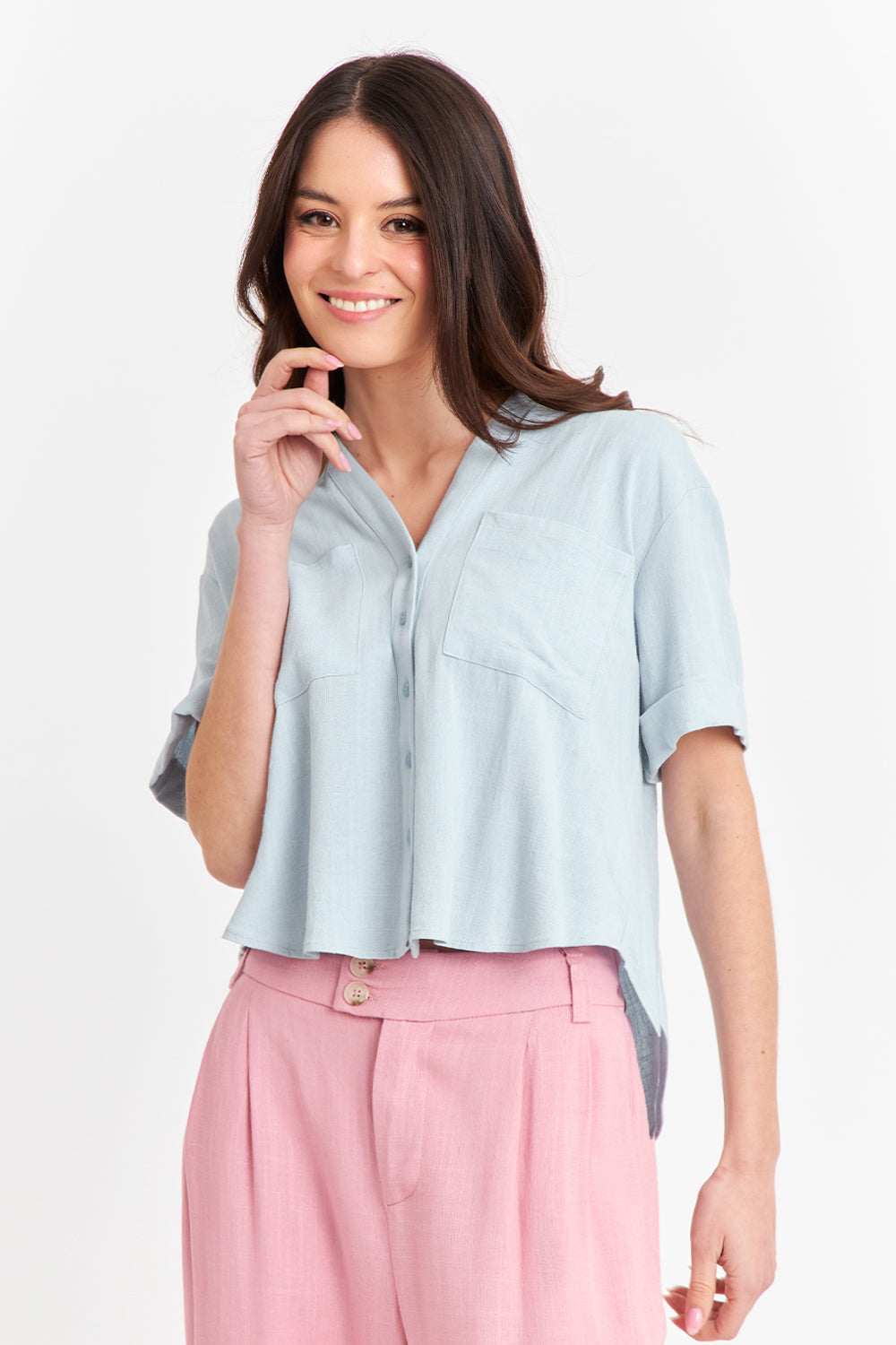 Camisa Básica Tipo Lino Celeste