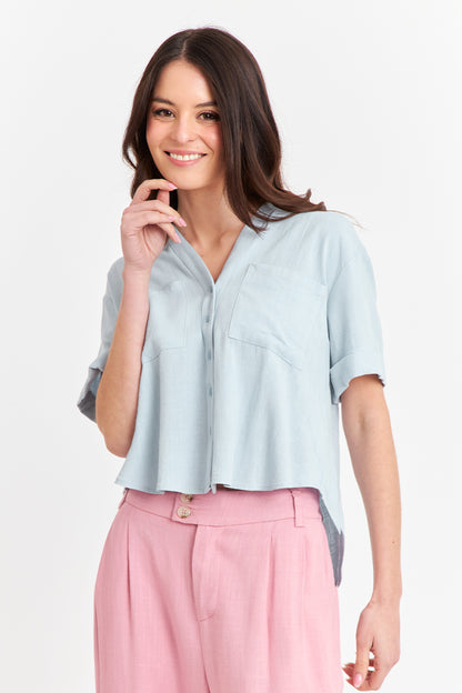 Camisa Básica Tipo Lino Celeste