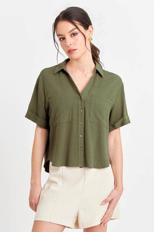 Camisa Básica Tipo Lino Verde Oliva