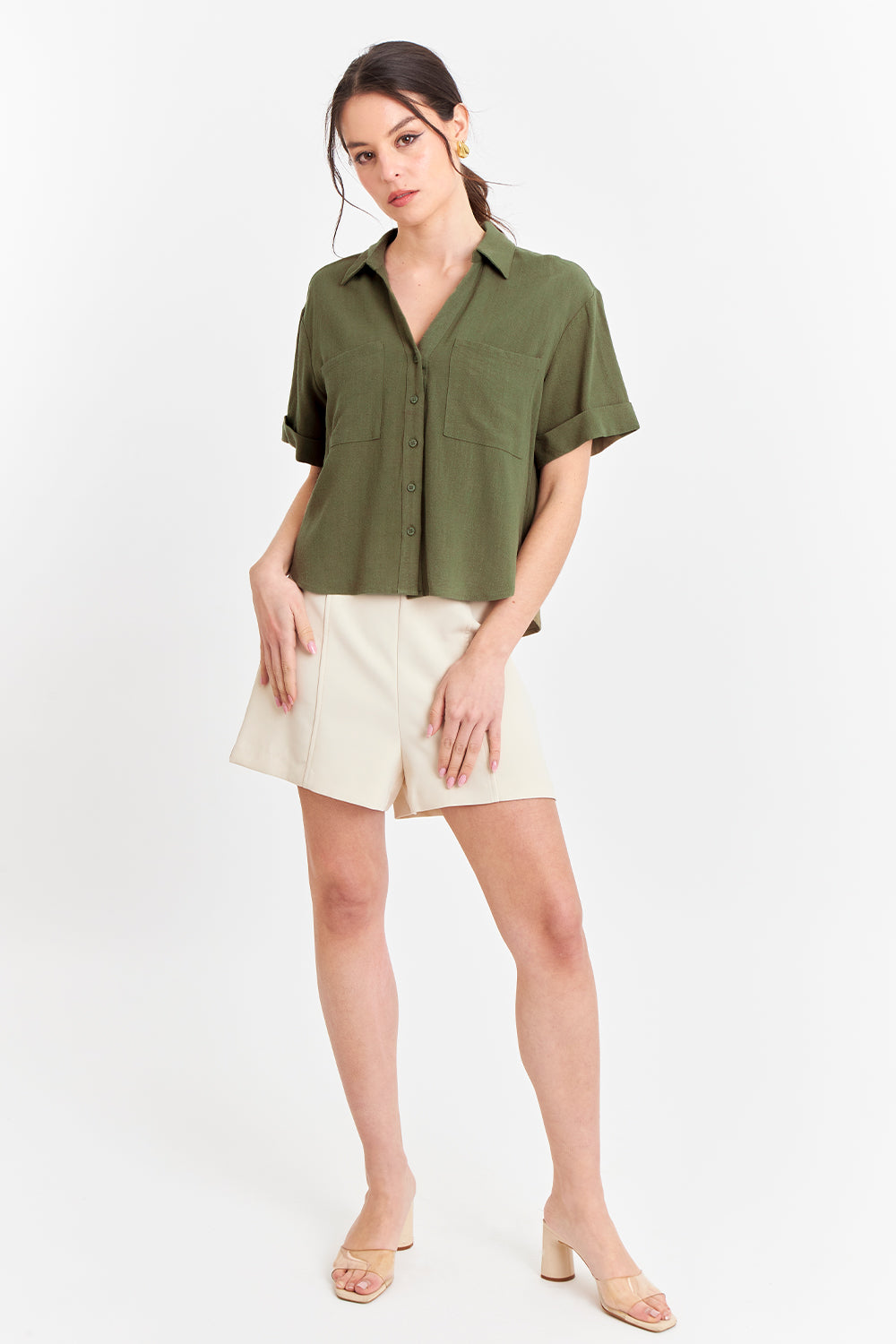 Camisa Básica Tipo Lino Verde Oliva