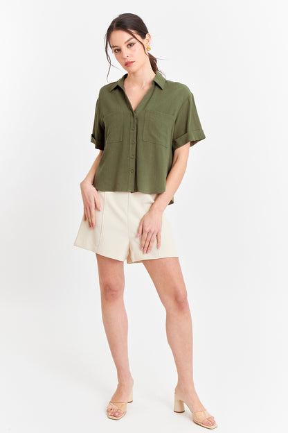 Camisa Básica Tipo Lino Verde Oliva