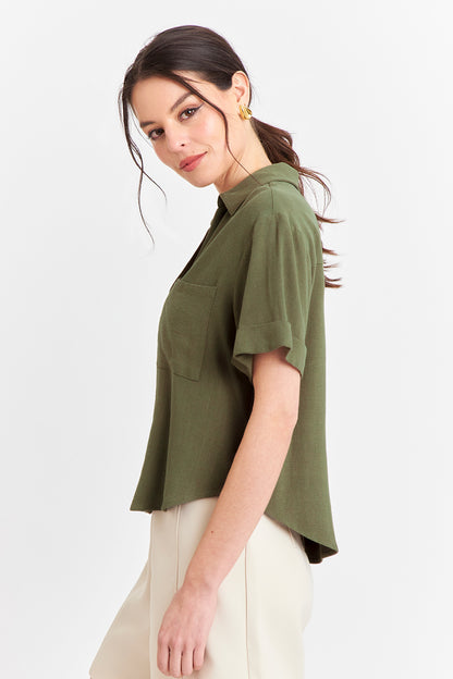Camisa Básica Tipo Lino Verde Oliva