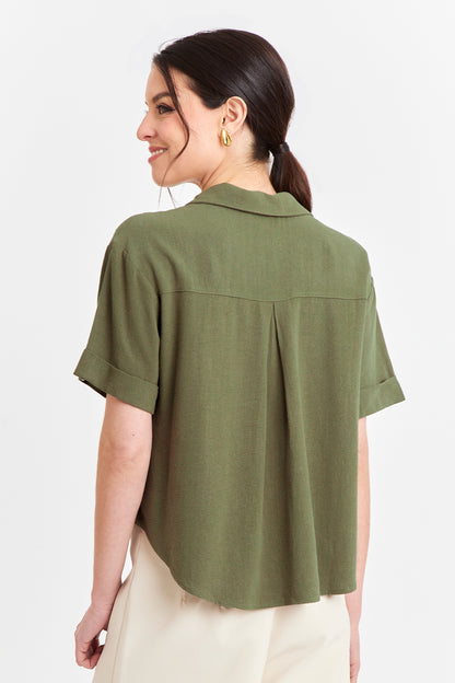 Camisa Básica Tipo Lino Verde Oliva