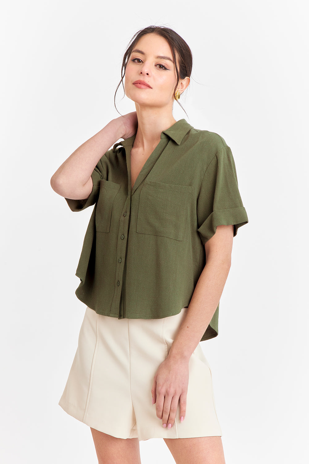 Camisa Básica Tipo Lino Verde Oliva