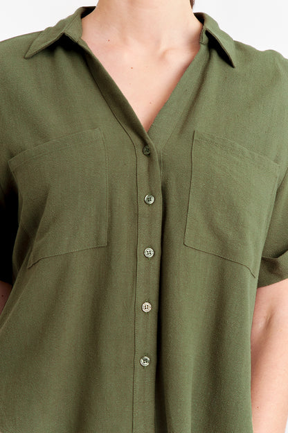 Camisa Básica Tipo Lino Verde Oliva