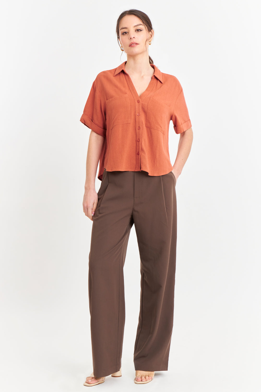 Camisa Básica Tipo Lino Beige