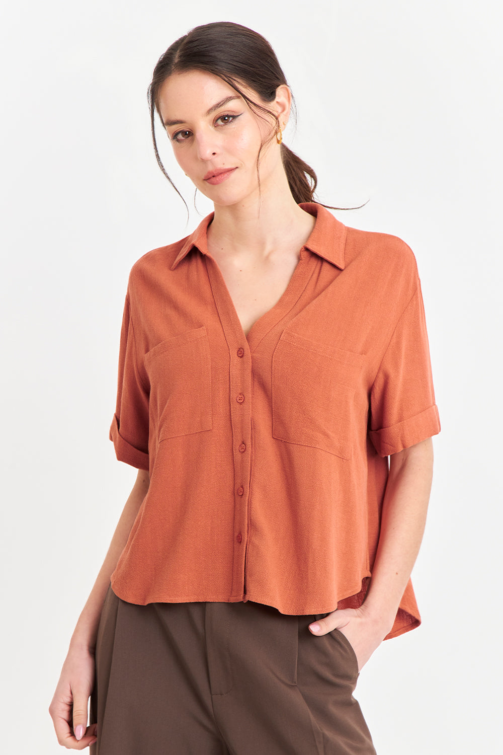 Camisa Básica Tipo Lino Beige