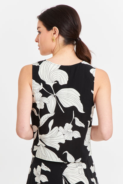 Blusa sin Mangas Negra con Flores Blancas