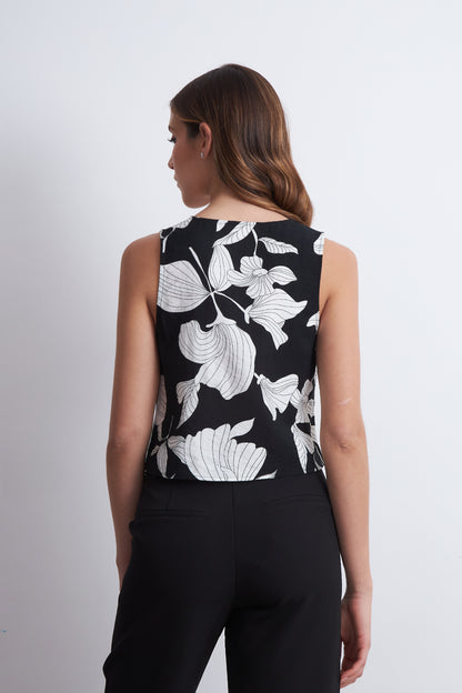 Blusa sin Mangas Negra con Flores Blancas