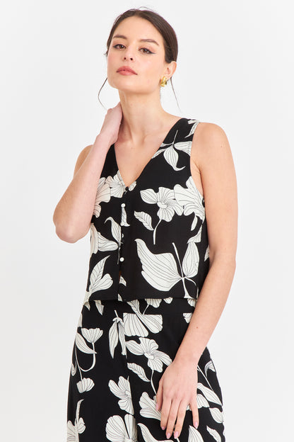 Blusa sin Mangas Negra con Flores Blancas