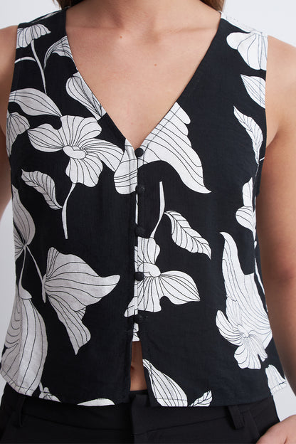 Blusa sin Mangas Negra con Flores Blancas