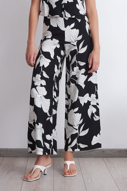 Pantalón Negro Flores Blancas