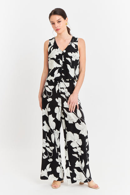 Pantalón Negro Flores Blancas