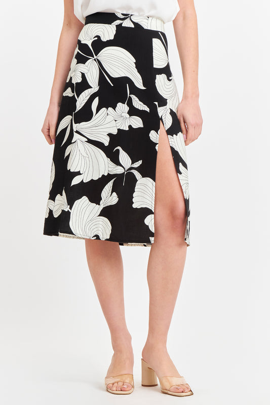 Falda Midi Negra con Flores Blancas