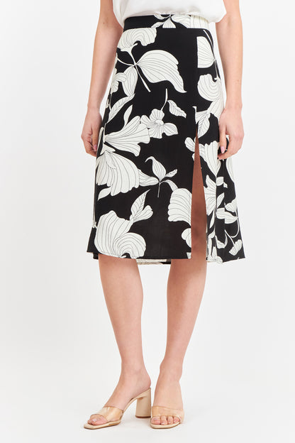 Falda Midi Negra con Flores Blancas