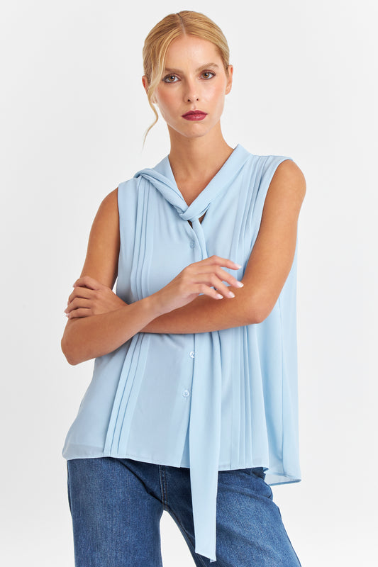 Blusa Cuello Tipo Corbata Celeste