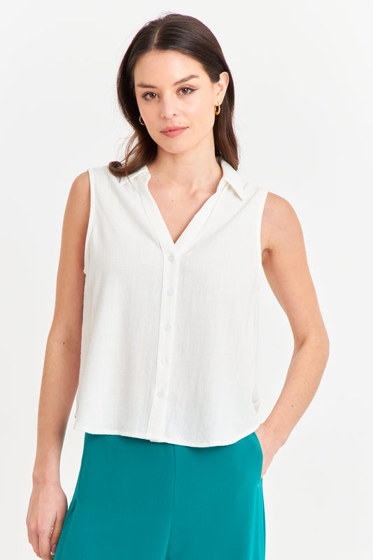 Camisa Sin Mangas Tipo Lino Blanco