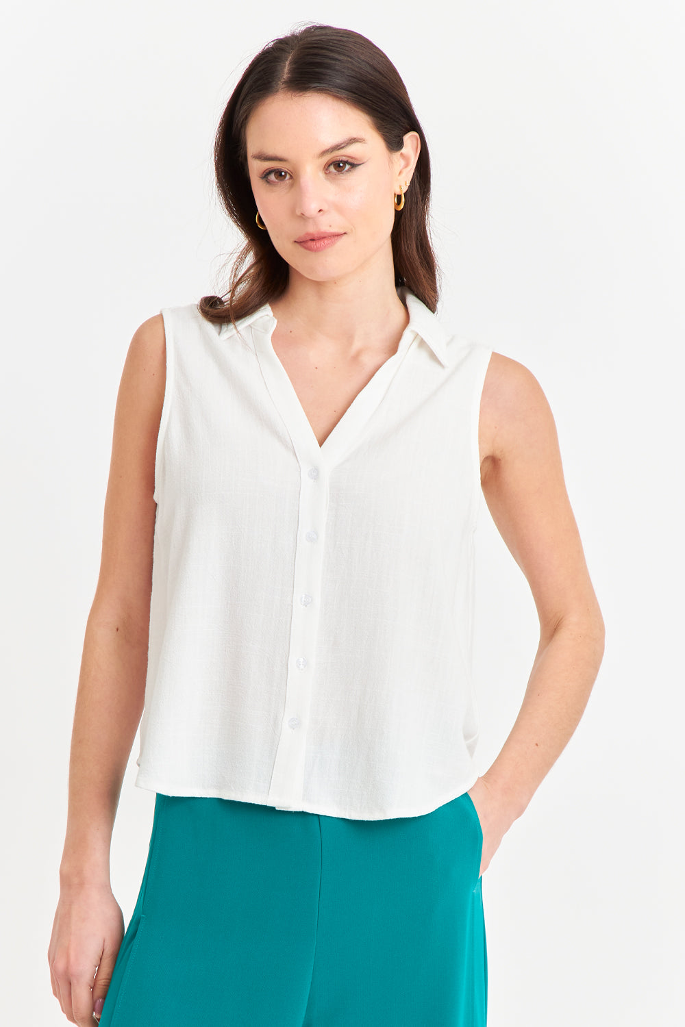 Camisa Sin Mangas Tipo Lino Blanco