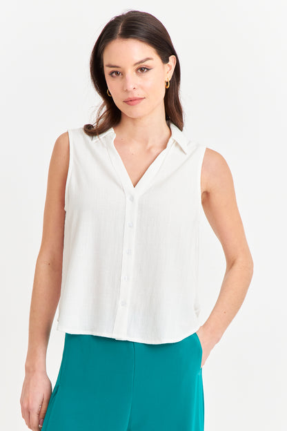 Camisa Sin Mangas Tipo Lino Blanco